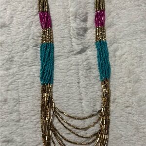 Summery Beaded Waterfall Necklace-Turquoise/Lt Magenta/Gold/Brushed Gold